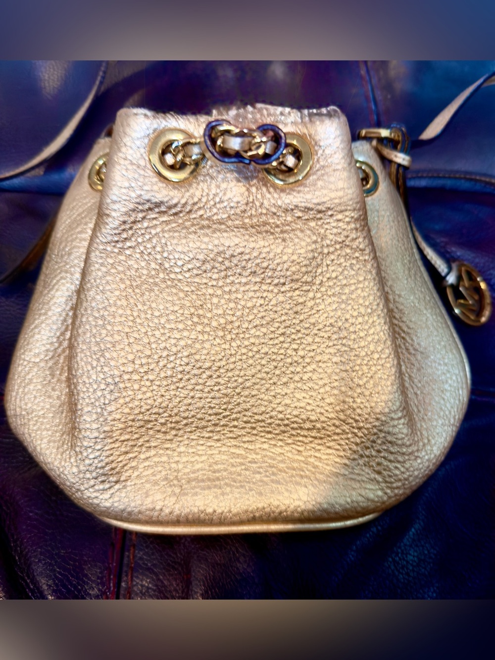 Mini Michael Kors Metallic Gold Leather Bucket Crossbody Bag “Frankie” w/Dusty - Picture 10 of 11